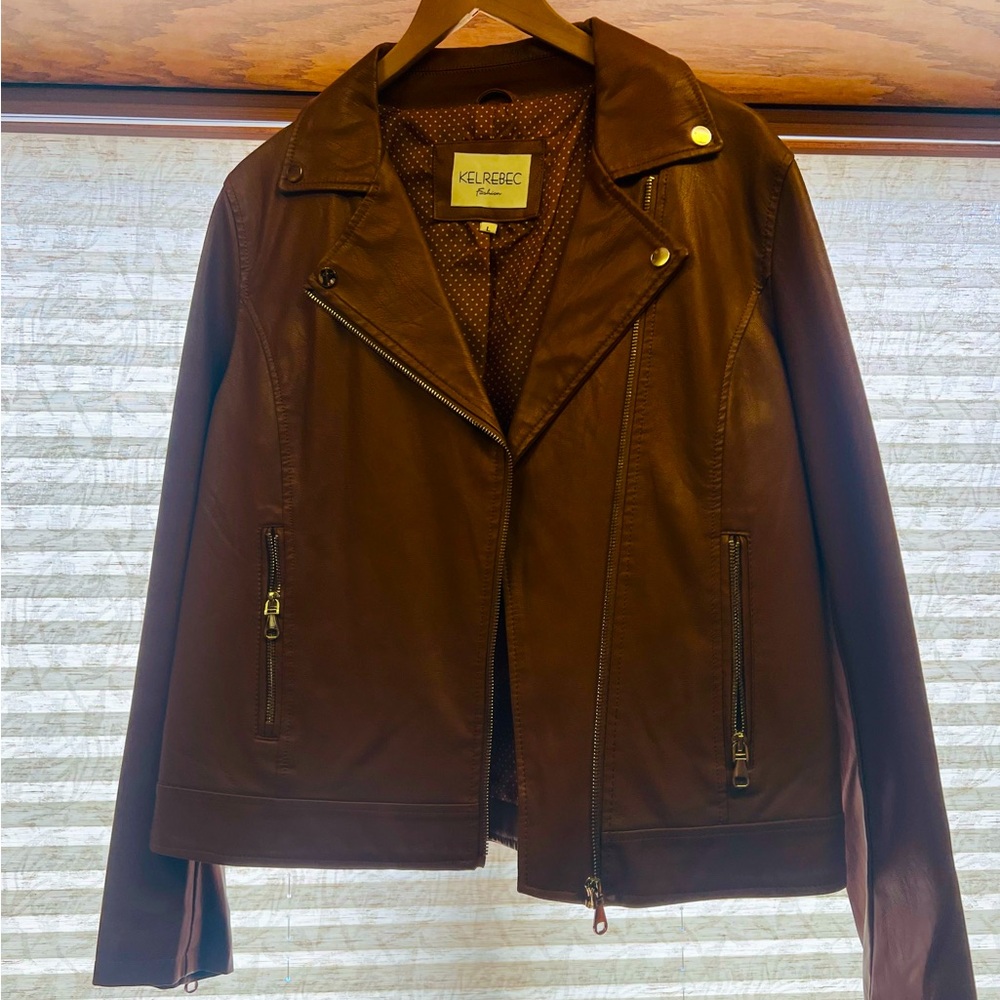 Faux Leather Biker Jacket in Camel color